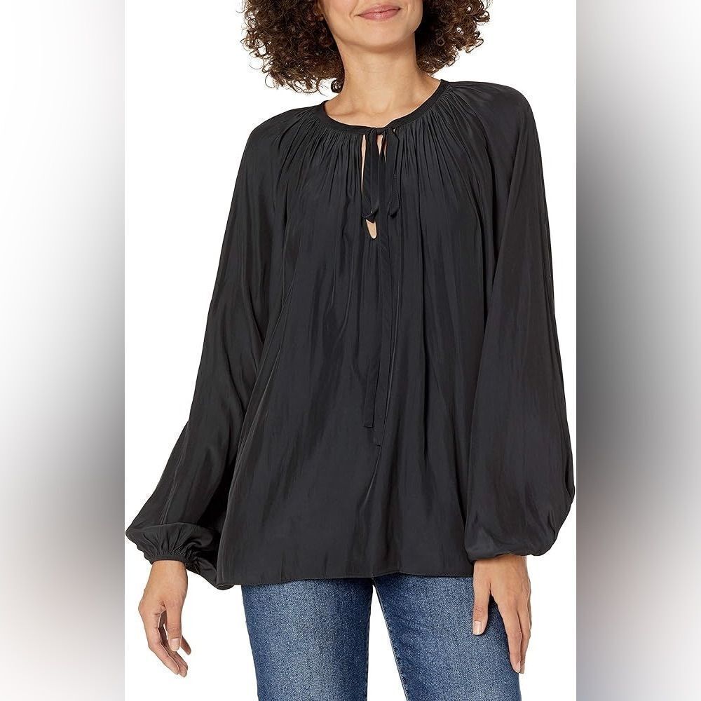Tahari Tie Neck Long Sleeve Blouse in Black Size Large